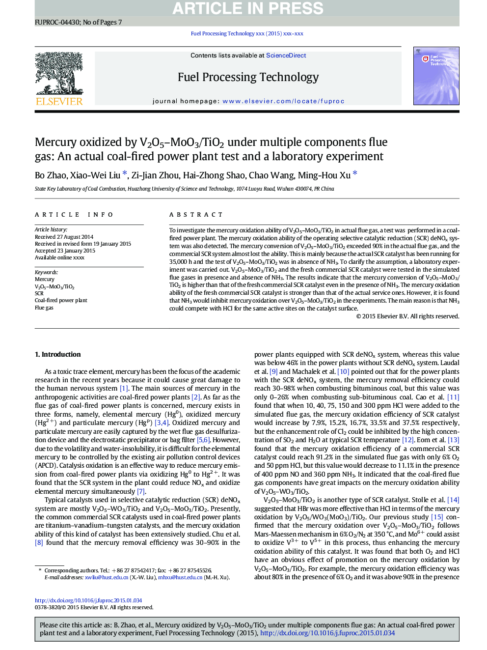 Mercury oxidized by V2O5-MoO3/TiO2 under multiple components flue gas: An actual coal-fired power plant test and a laboratory experiment