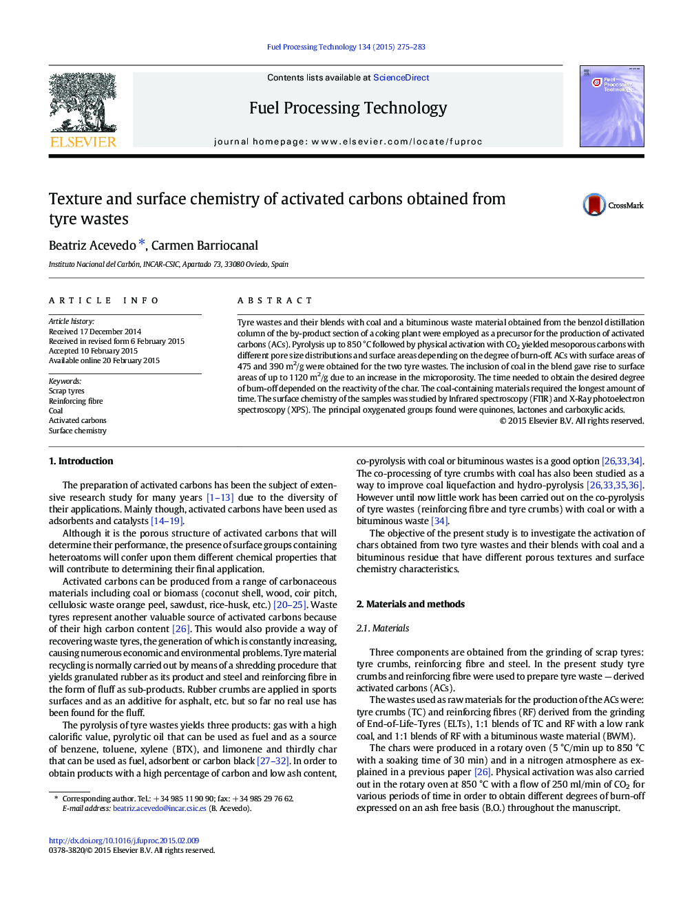 Texture and surface chemistry of activated carbons obtained from tyre wastes