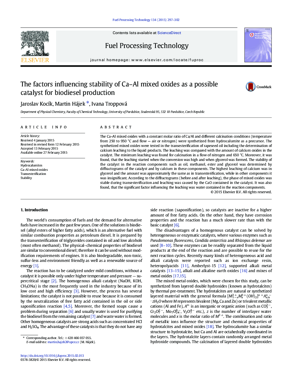 The factors influencing stability of Ca-Al mixed oxides as a possible catalyst for biodiesel production