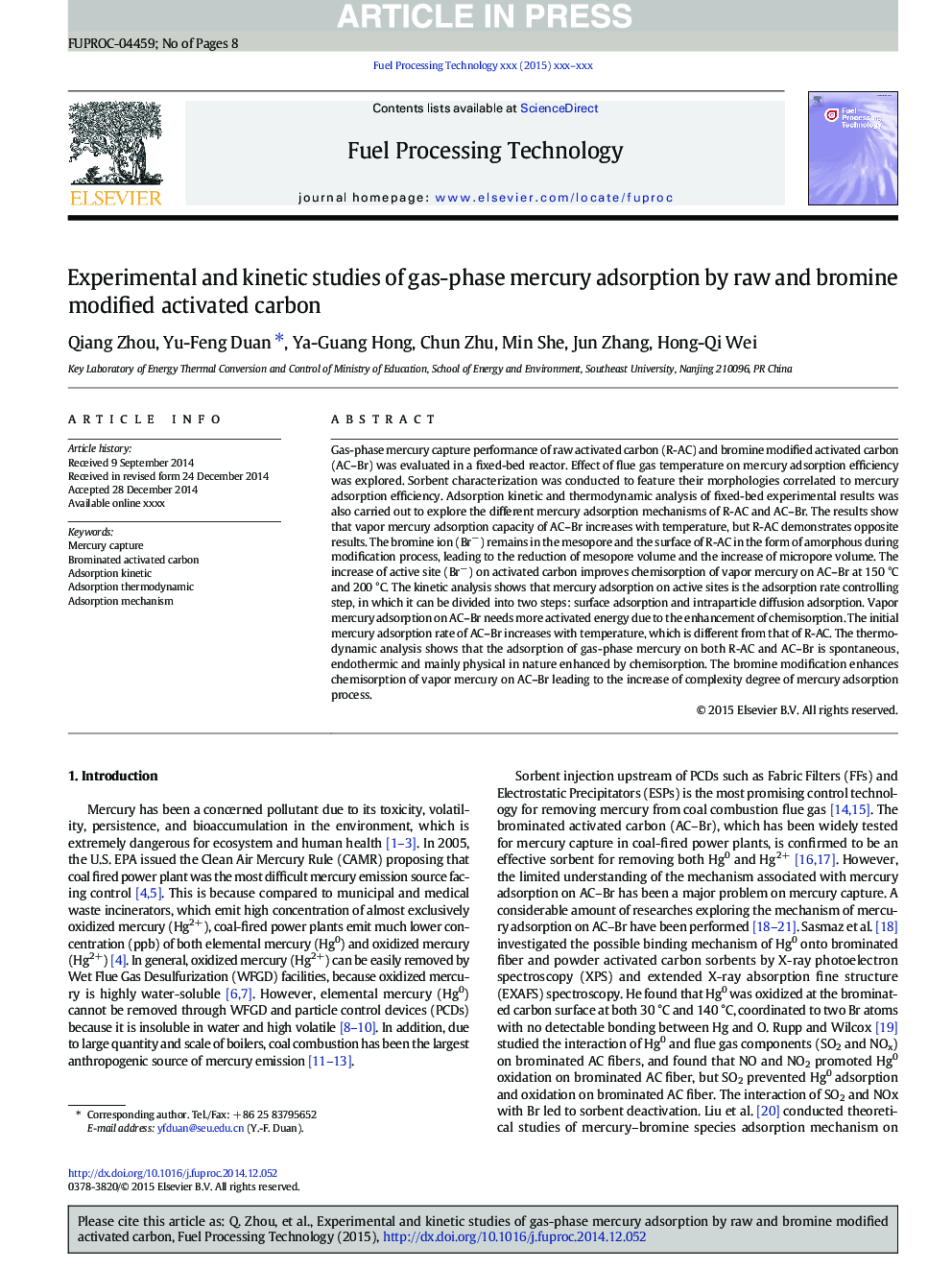 Experimental and kinetic studies of gas-phase mercury adsorption by raw and bromine modified activated carbon