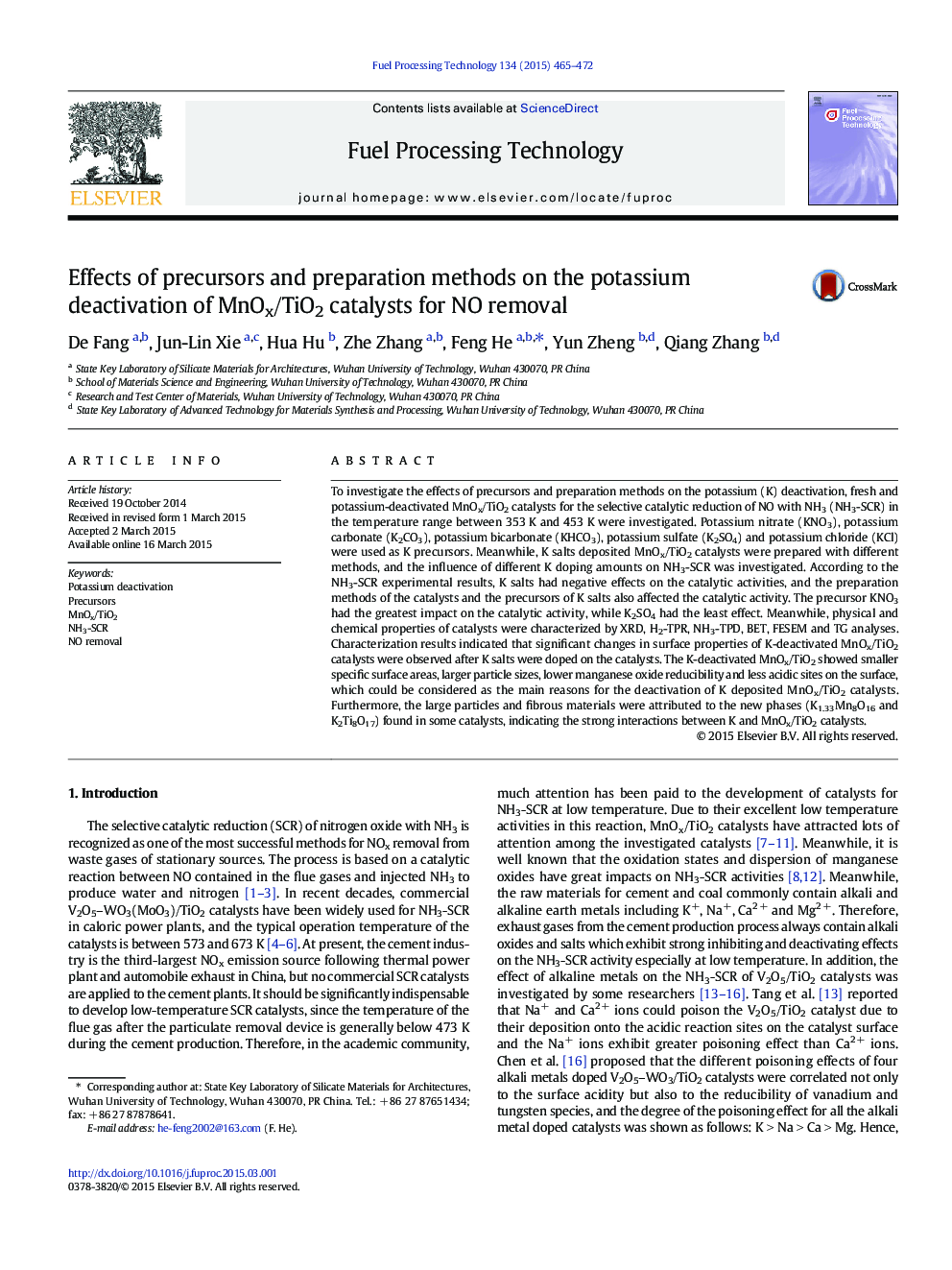 Effects of precursors and preparation methods on the potassium deactivation of MnOx/TiO2 catalysts for NO removal