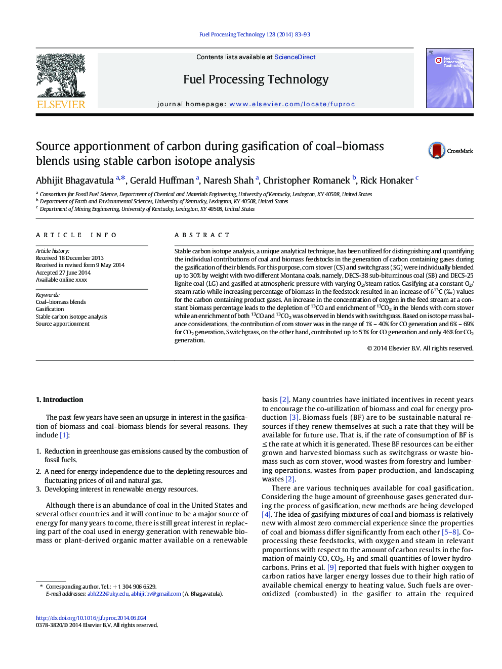 Source apportionment of carbon during gasification of coal-biomass blends using stable carbon isotope analysis