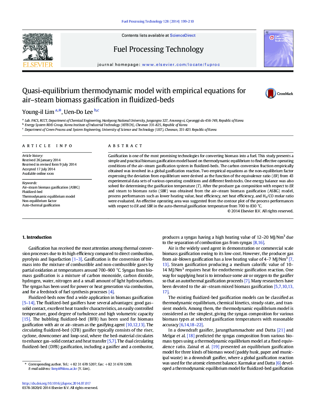 Quasi-equilibrium thermodynamic model with empirical equations for air-steam biomass gasification in fluidized-beds