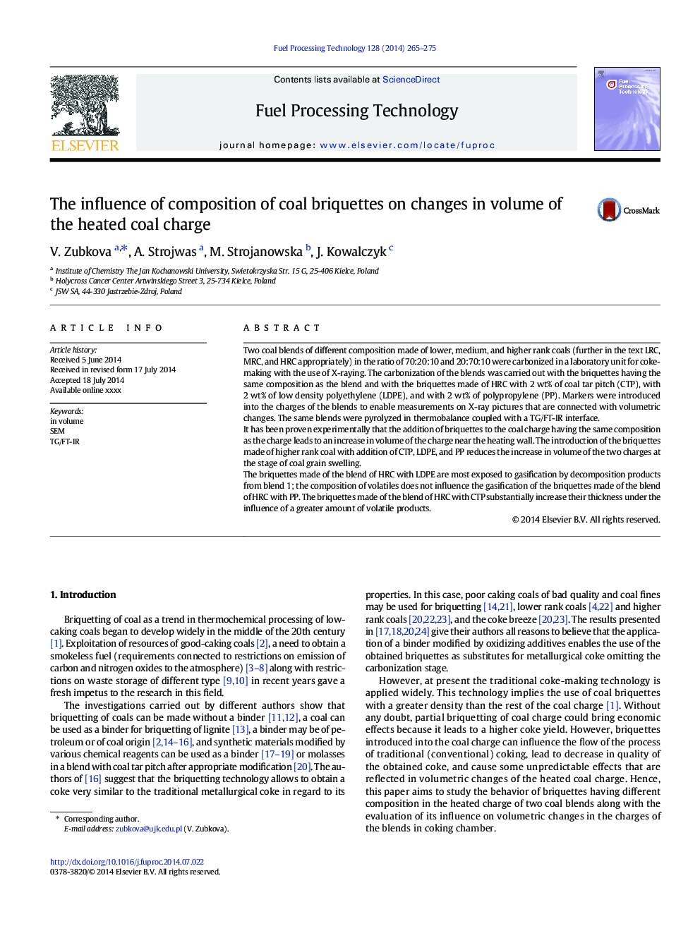 The influence of composition of coal briquettes on changes in volume of the heated coal charge