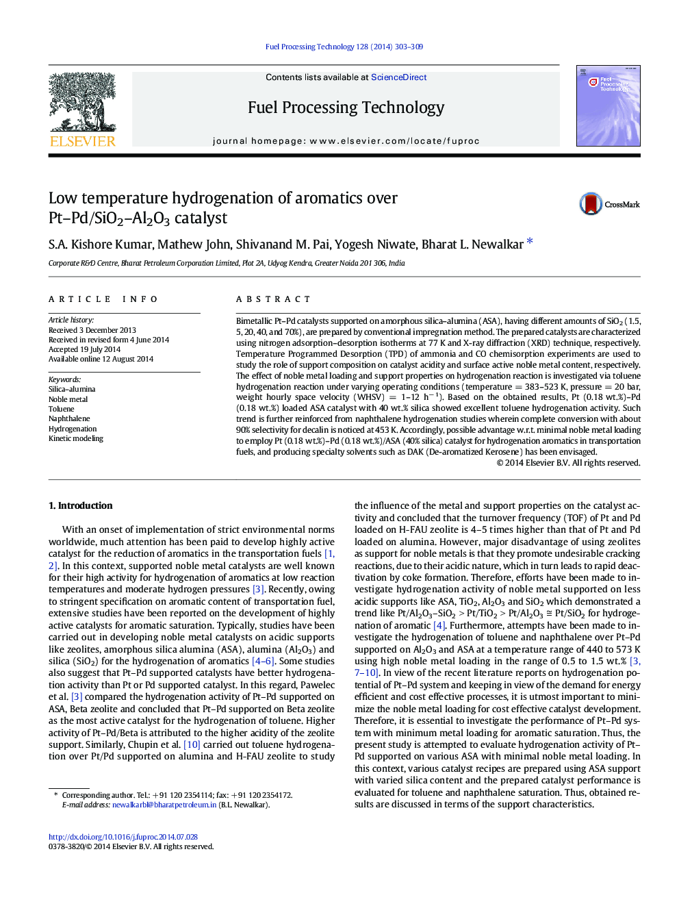 Low temperature hydrogenation of aromatics over Pt-Pd/SiO2-Al2O3 catalyst