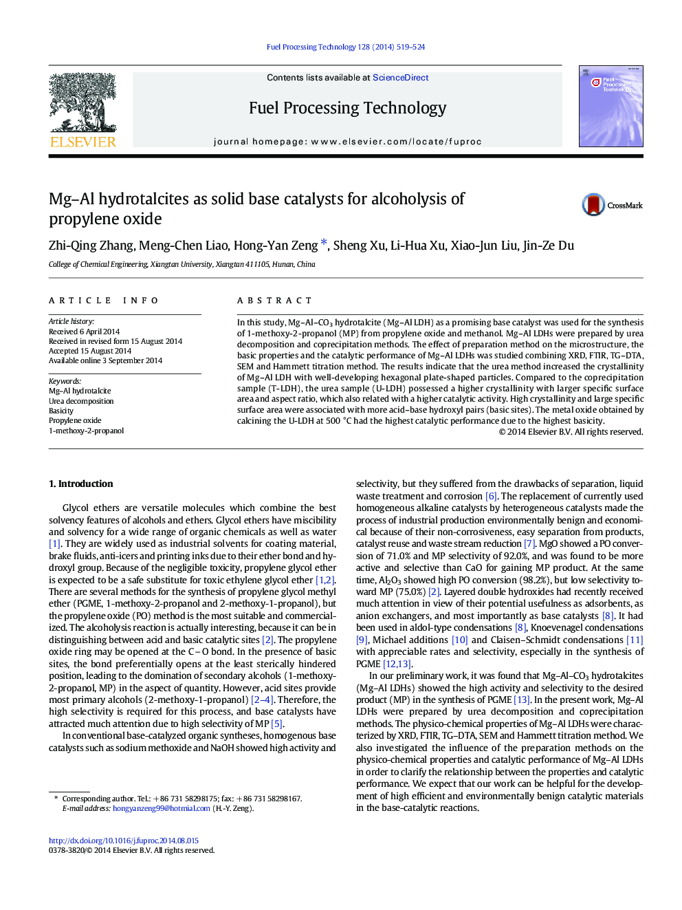 Mg-Al hydrotalcites as solid base catalysts for alcoholysis of propylene oxide