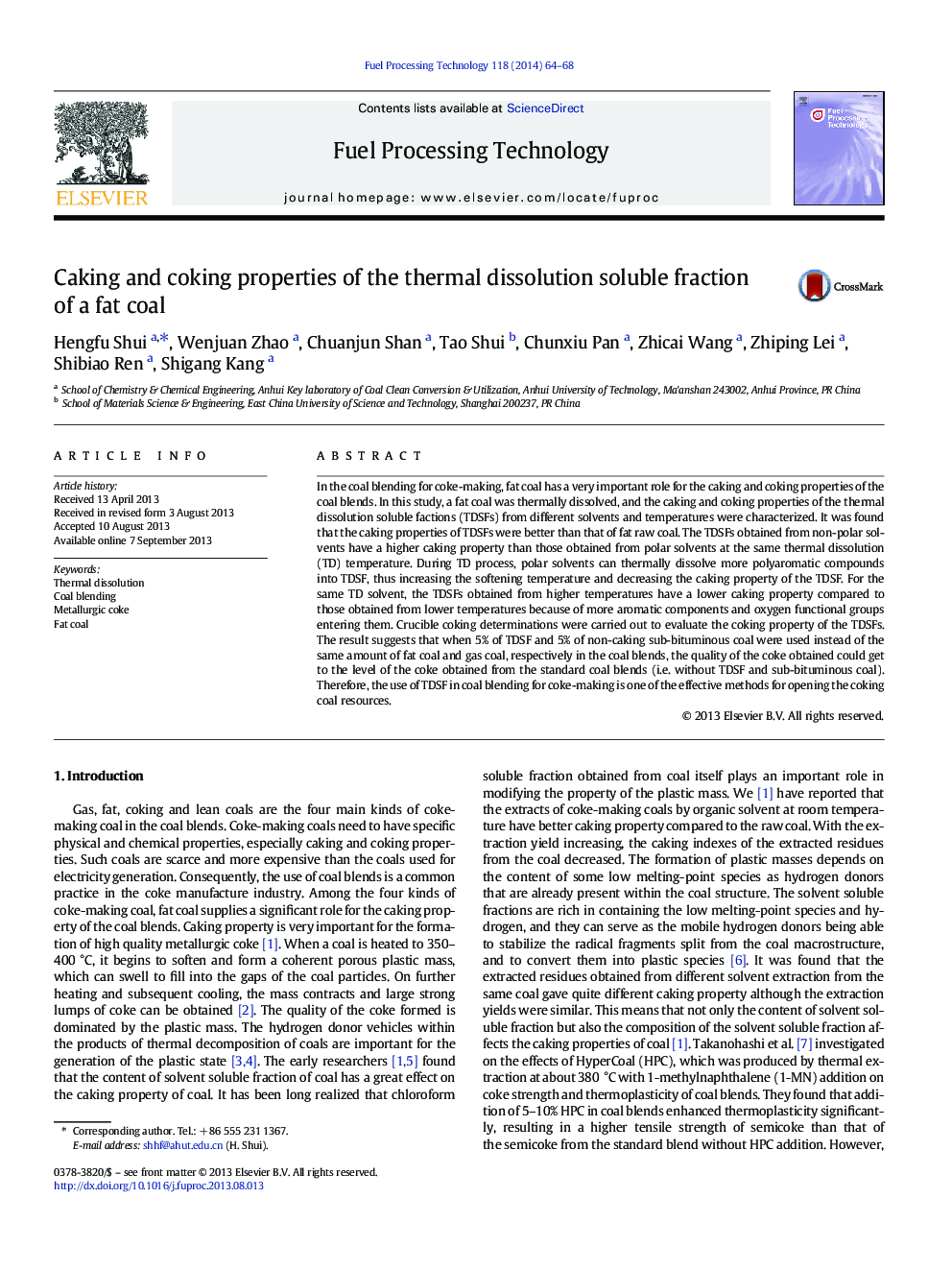 Caking and coking properties of the thermal dissolution soluble fraction of a fat coal