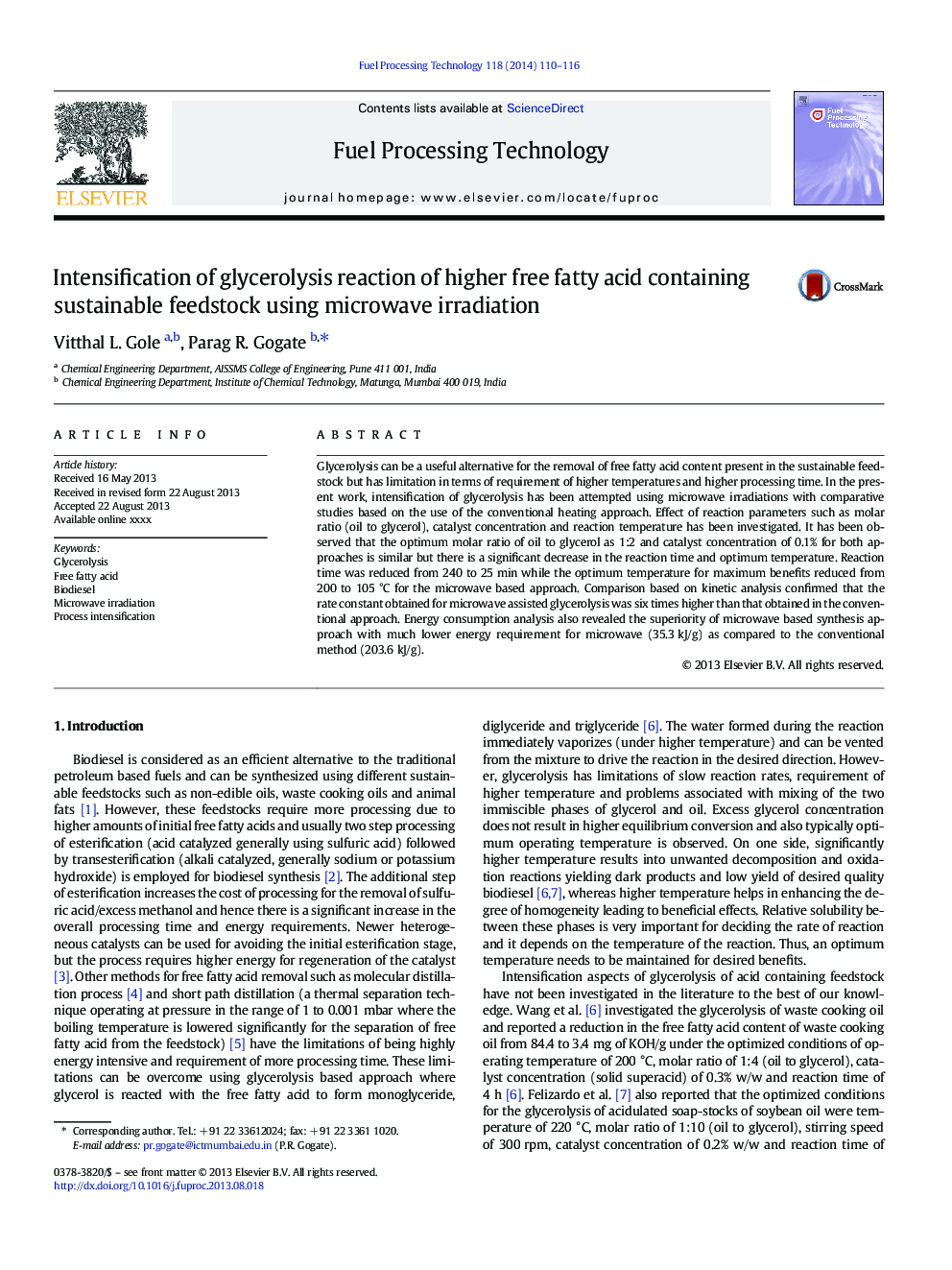 Intensification of glycerolysis reaction of higher free fatty acid containing sustainable feedstock using microwave irradiation