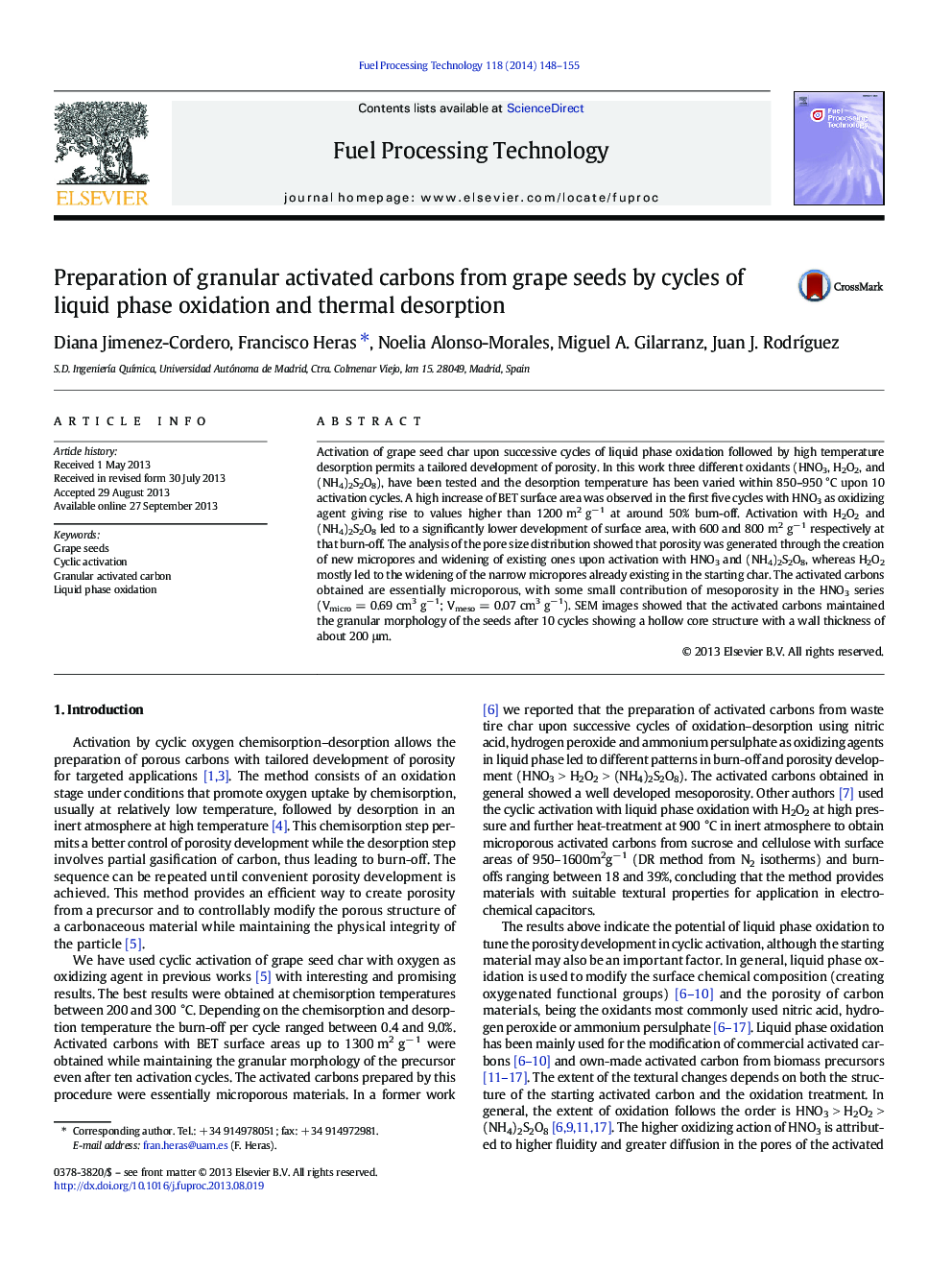 Preparation of granular activated carbons from grape seeds by cycles of liquid phase oxidation and thermal desorption