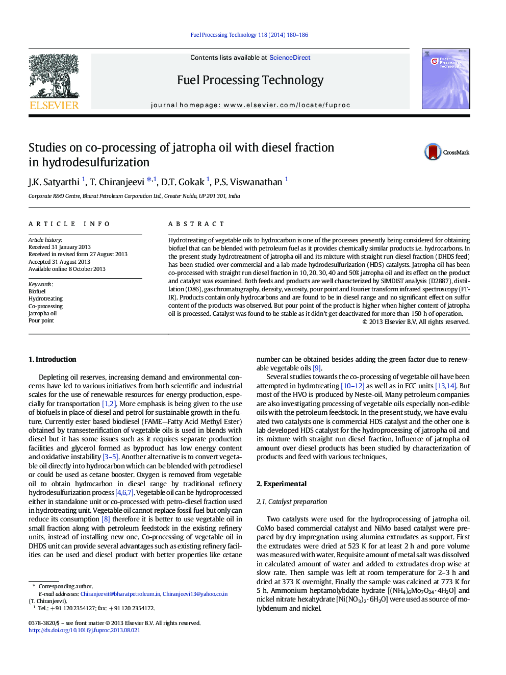 Studies on co-processing of jatropha oil with diesel fraction in hydrodesulfurization