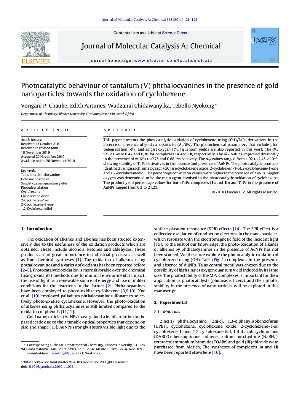 Photocatalytic behaviour of tantalum (V) phthalocyanines in the presence of gold nanoparticles towards the oxidation of cyclohexene