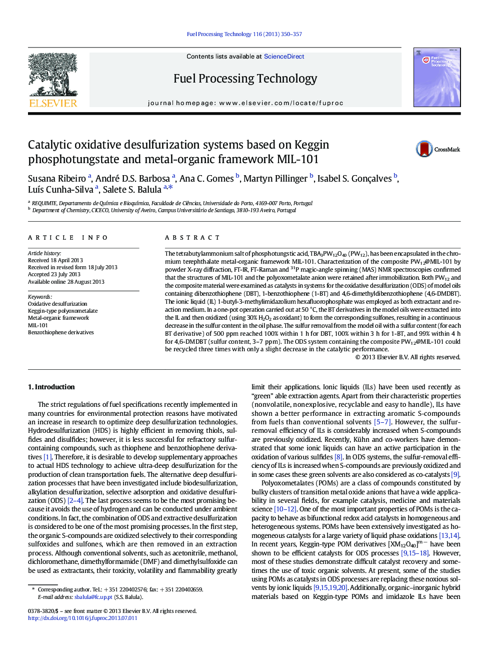 Catalytic oxidative desulfurization systems based on Keggin phosphotungstate and metal-organic framework MIL-101