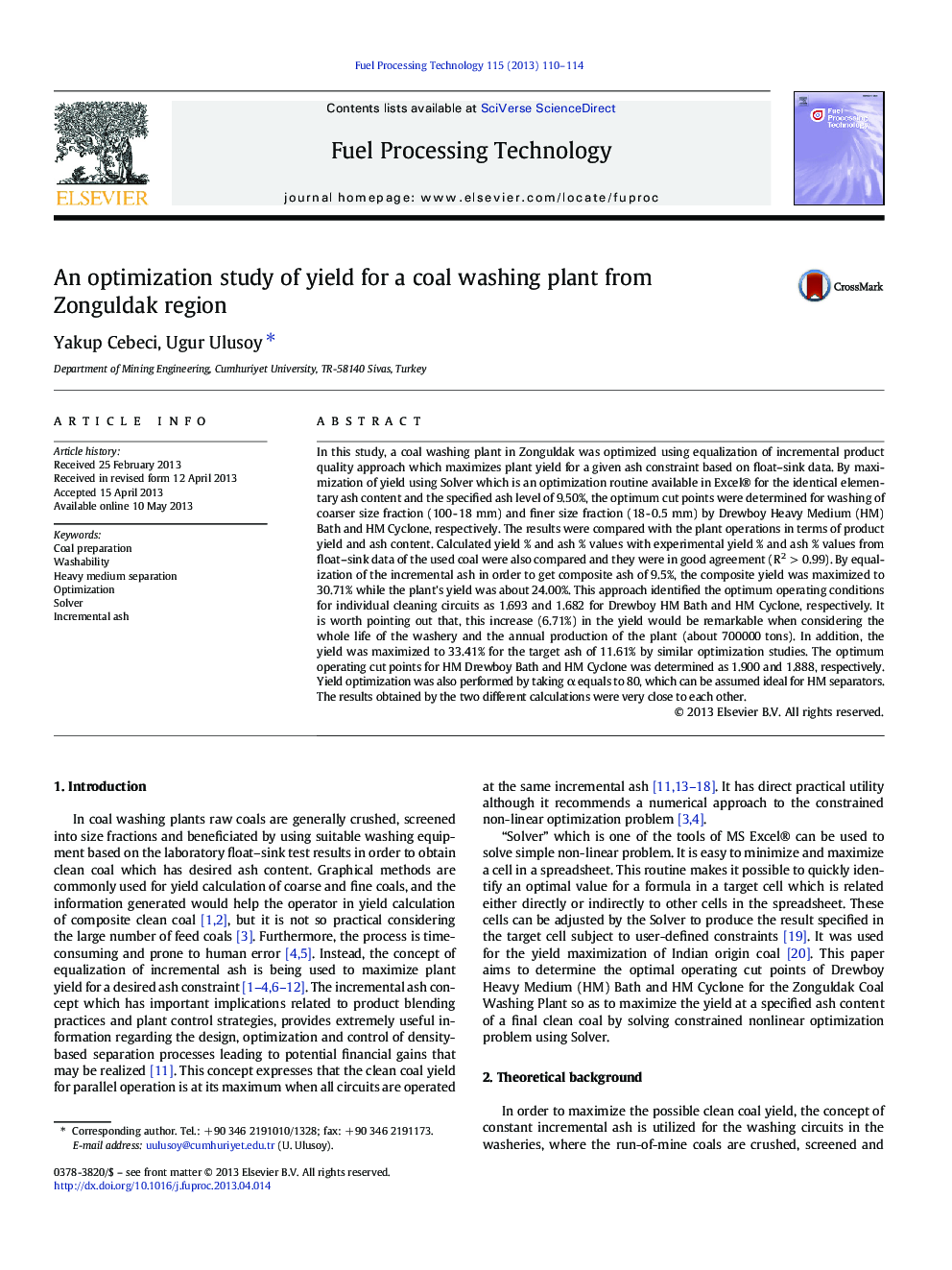 An optimization study of yield for a coal washing plant from Zonguldak region