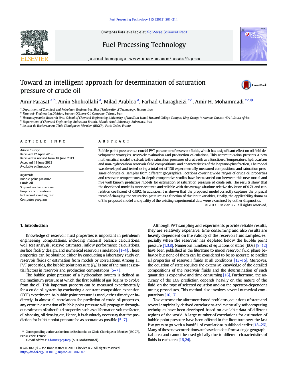 Toward an intelligent approach for determination of saturation pressure of crude oil