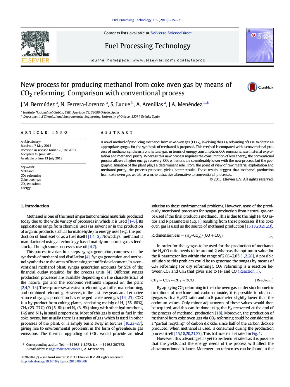 New process for producing methanol from coke oven gas by means of CO2 reforming. Comparison with conventional process