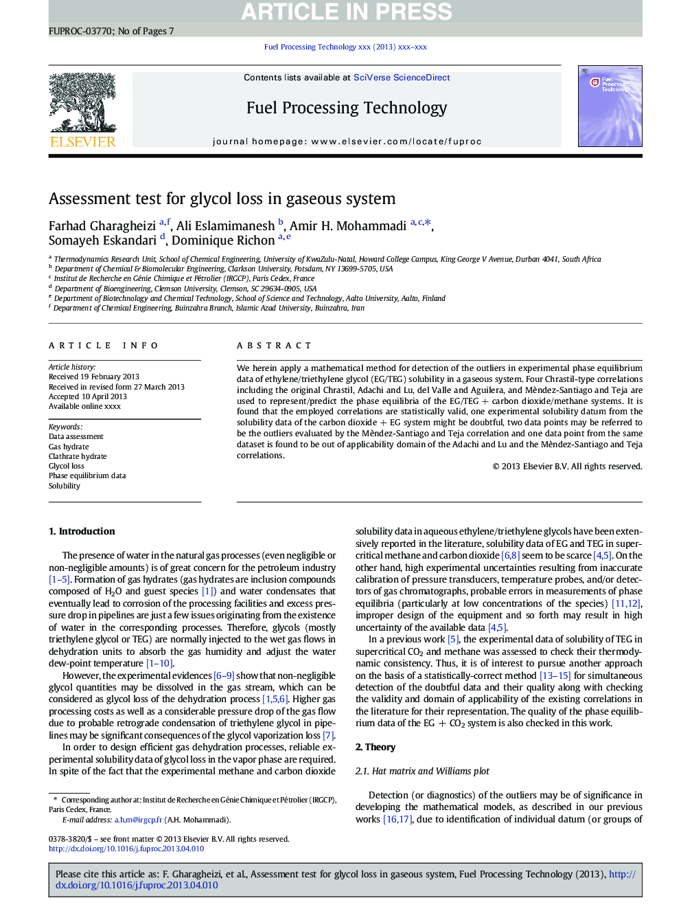 Assessment test for glycol loss in gaseous system