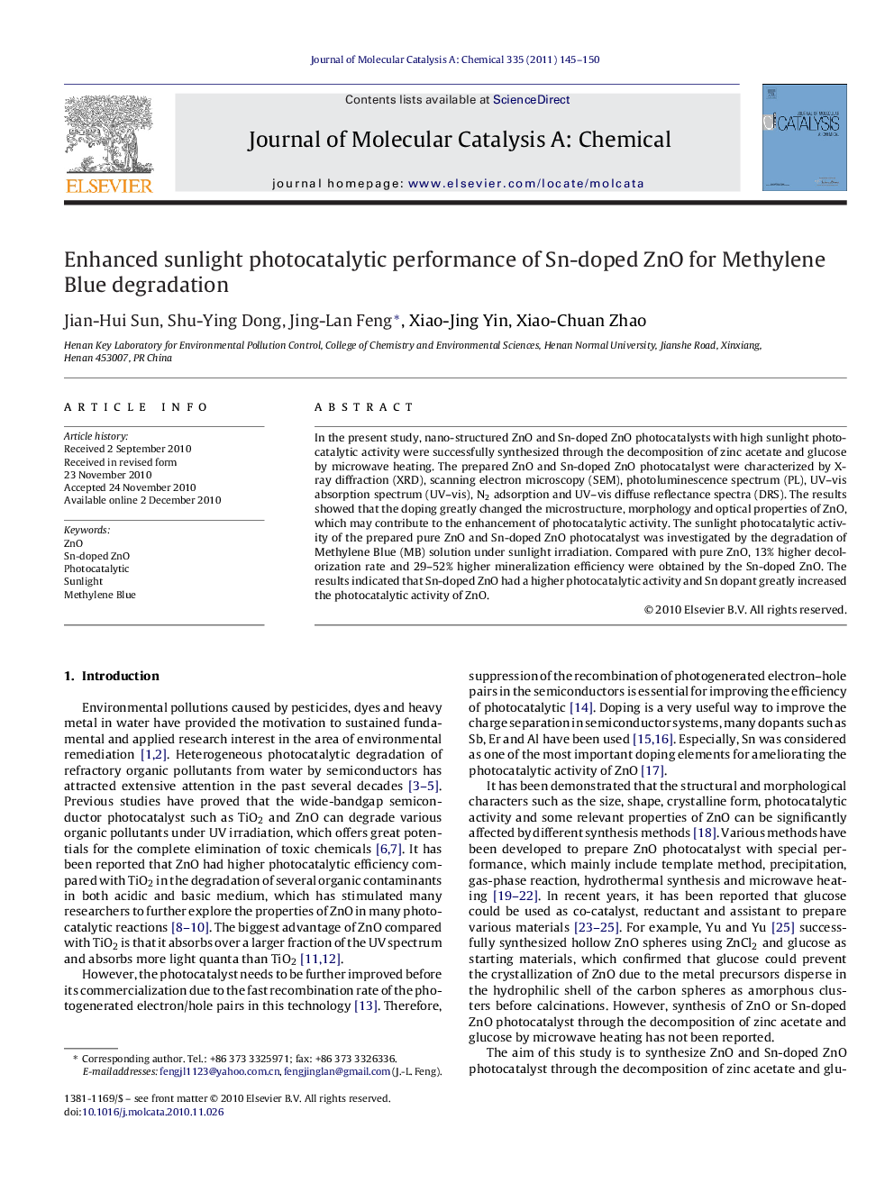 Enhanced sunlight photocatalytic performance of Sn-doped ZnO for Methylene Blue degradation