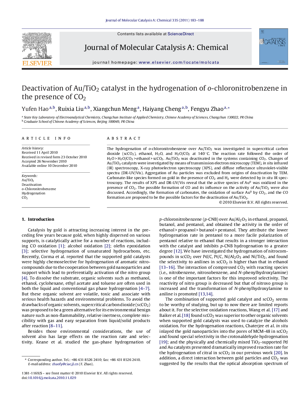 Deactivation of Au/TiO2 catalyst in the hydrogenation of o-chloronitrobenzene in the presence of CO2