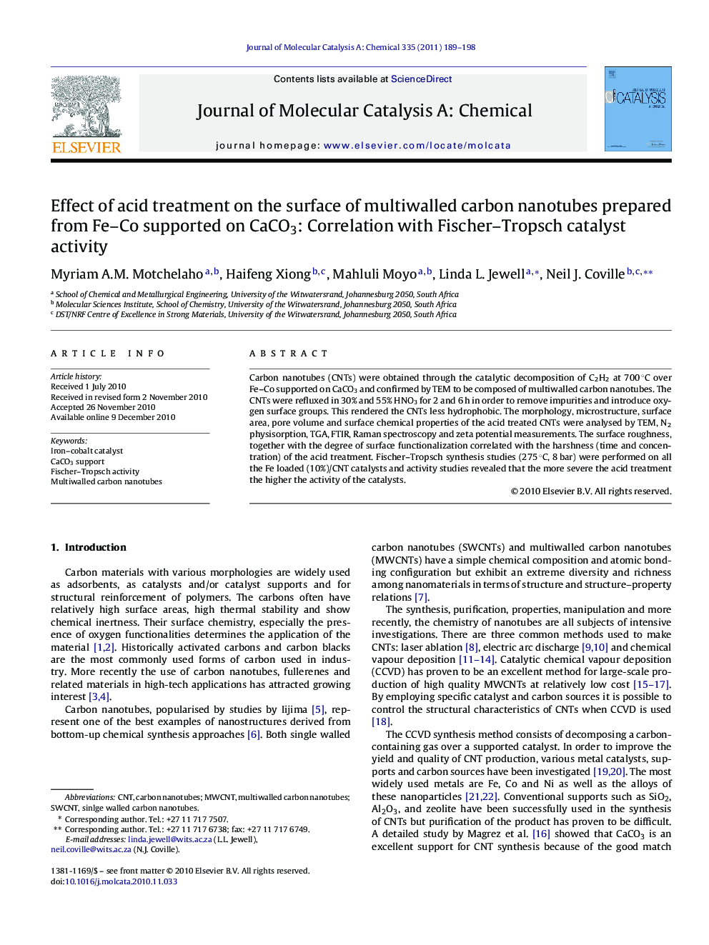 Effect of acid treatment on the surface of multiwalled carbon nanotubes prepared from Fe–Co supported on CaCO3: Correlation with Fischer–Tropsch catalyst activity