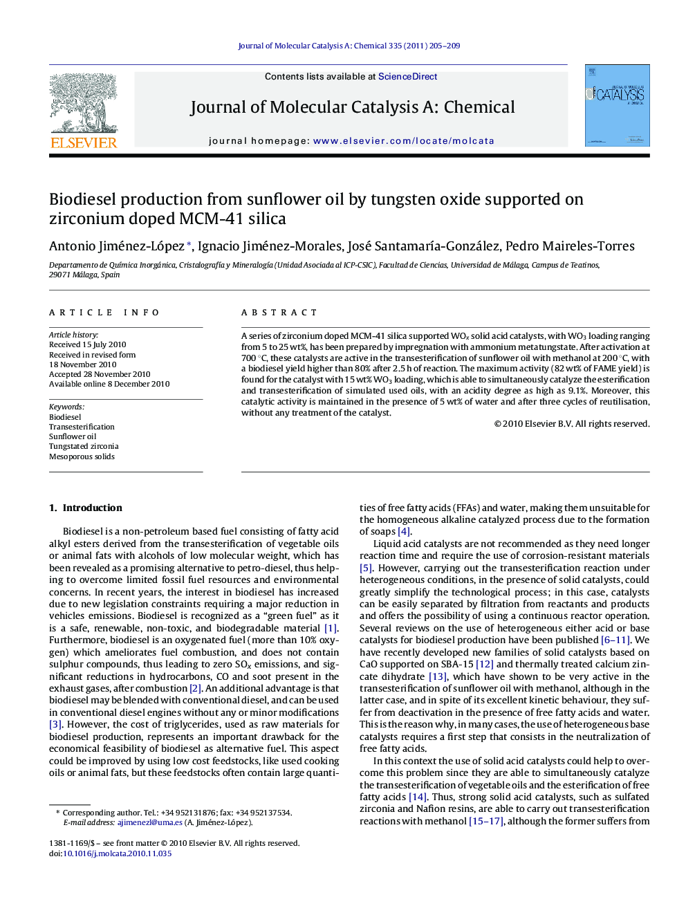 Biodiesel production from sunflower oil by tungsten oxide supported on zirconium doped MCM-41 silica