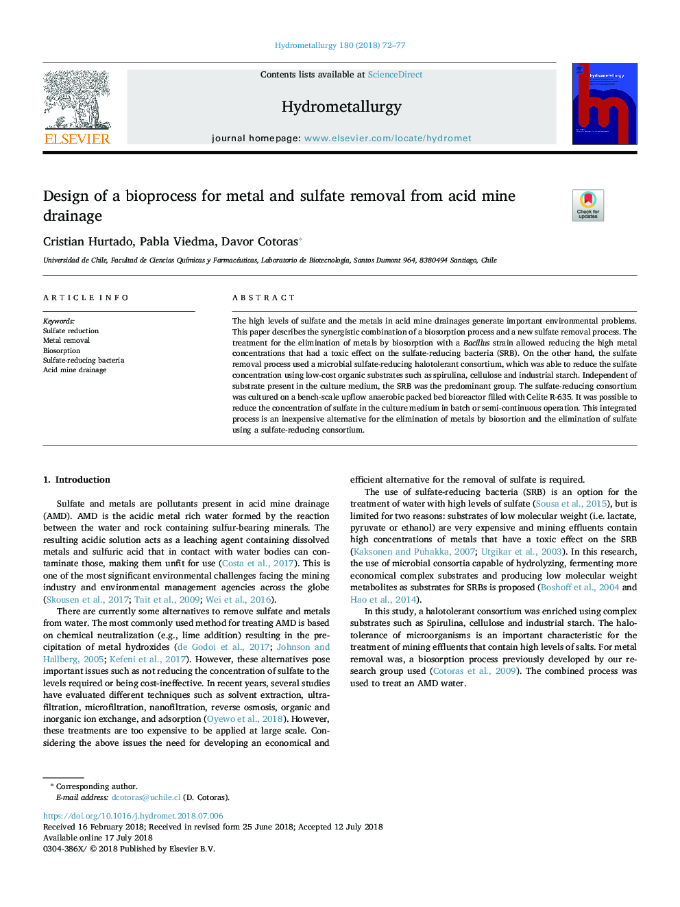 Design of a bioprocess for metal and sulfate removal from acid mine drainage