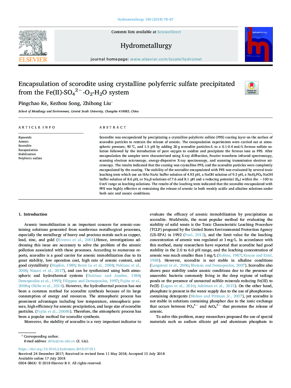 Encapsulation of scorodite using crystalline polyferric sulfate precipitated from the Fe(II)-SO42â-O2-H2O system