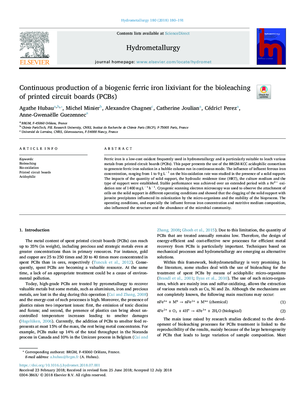 Continuous production of a biogenic ferric iron lixiviant for the bioleaching of printed circuit boards (PCBs)