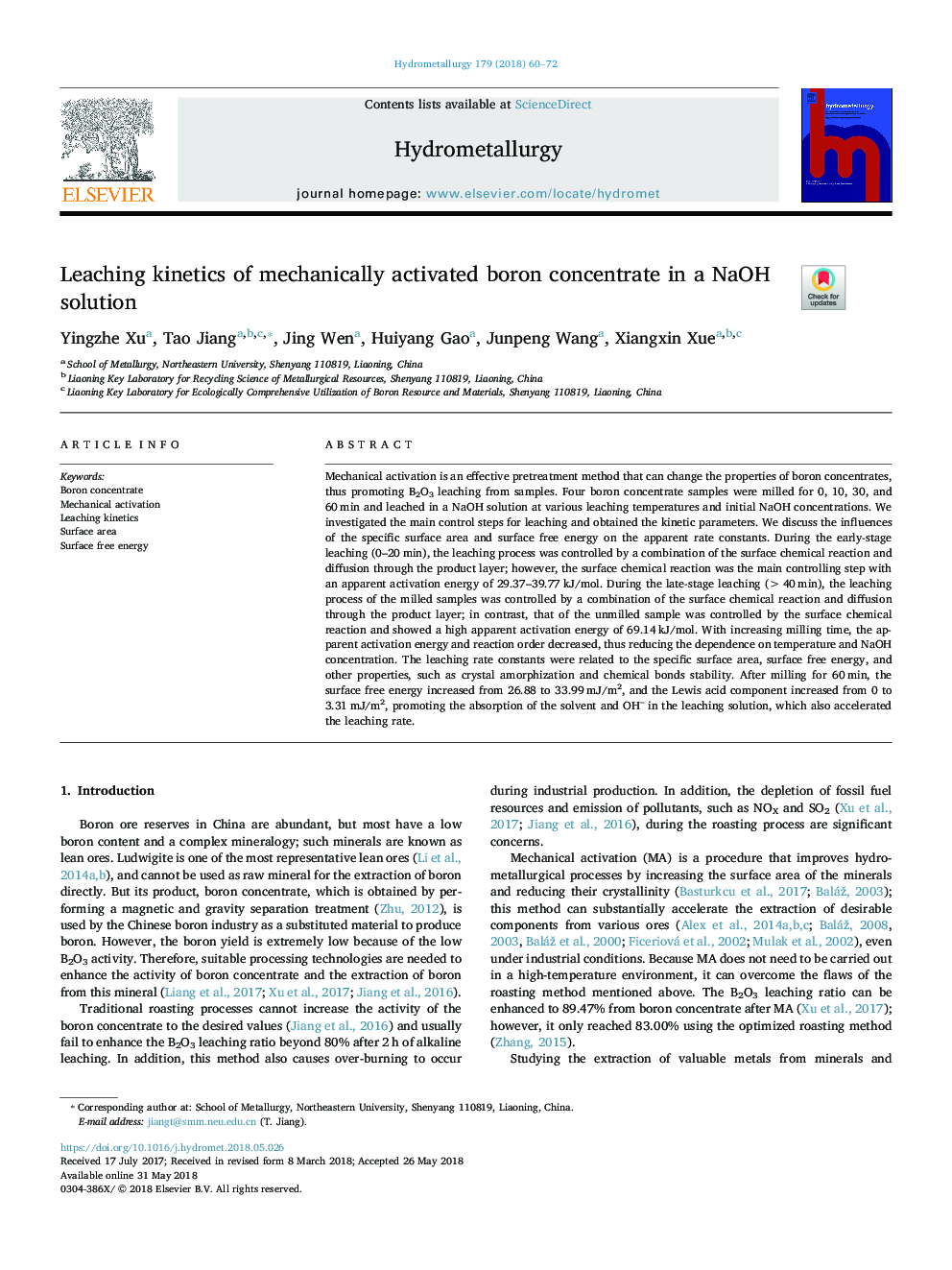 Leaching kinetics of mechanically activated boron concentrate in a NaOH solution