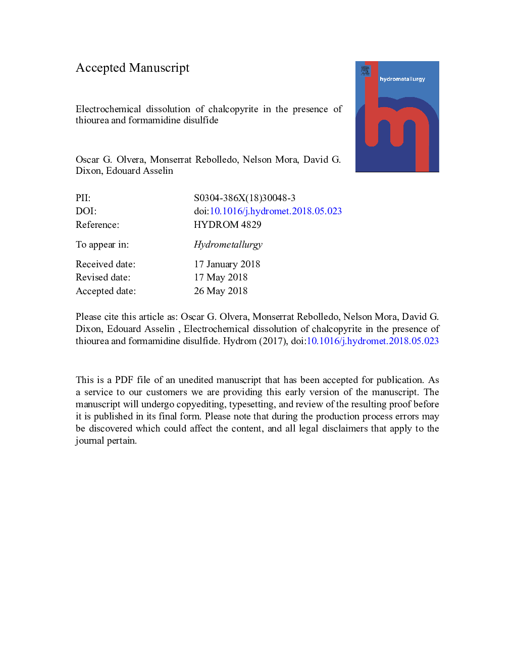 Electrochemical dissolution of chalcopyrite in the presence of thiourea and formamidine disulfide