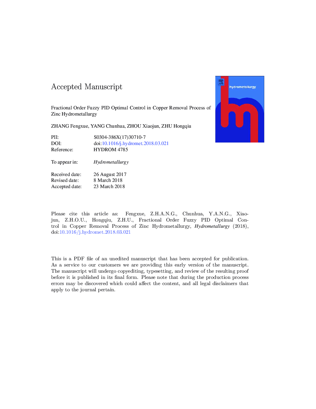 Fractional order fuzzy PID optimal control in copper removal process of zinc hydrometallurgy