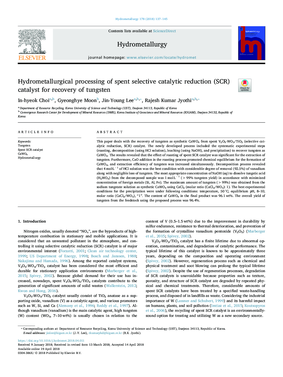 Hydrometallurgical processing of spent selective catalytic reduction (SCR) catalyst for recovery of tungsten