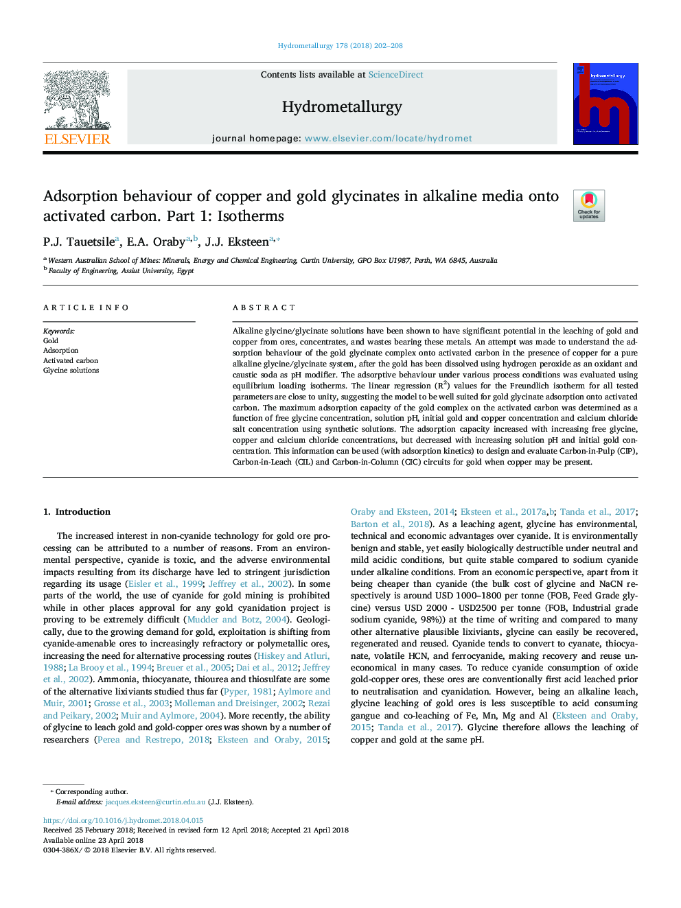 Adsorption behaviour of copper and gold glycinates in alkaline media onto activated carbon. Part 1: Isotherms