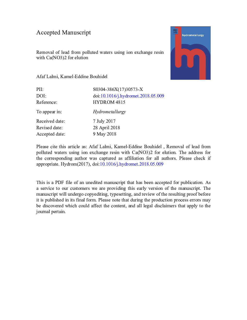 Removal of lead from polluted waters using ion exchange resin with Ca(NO3)2 for elution