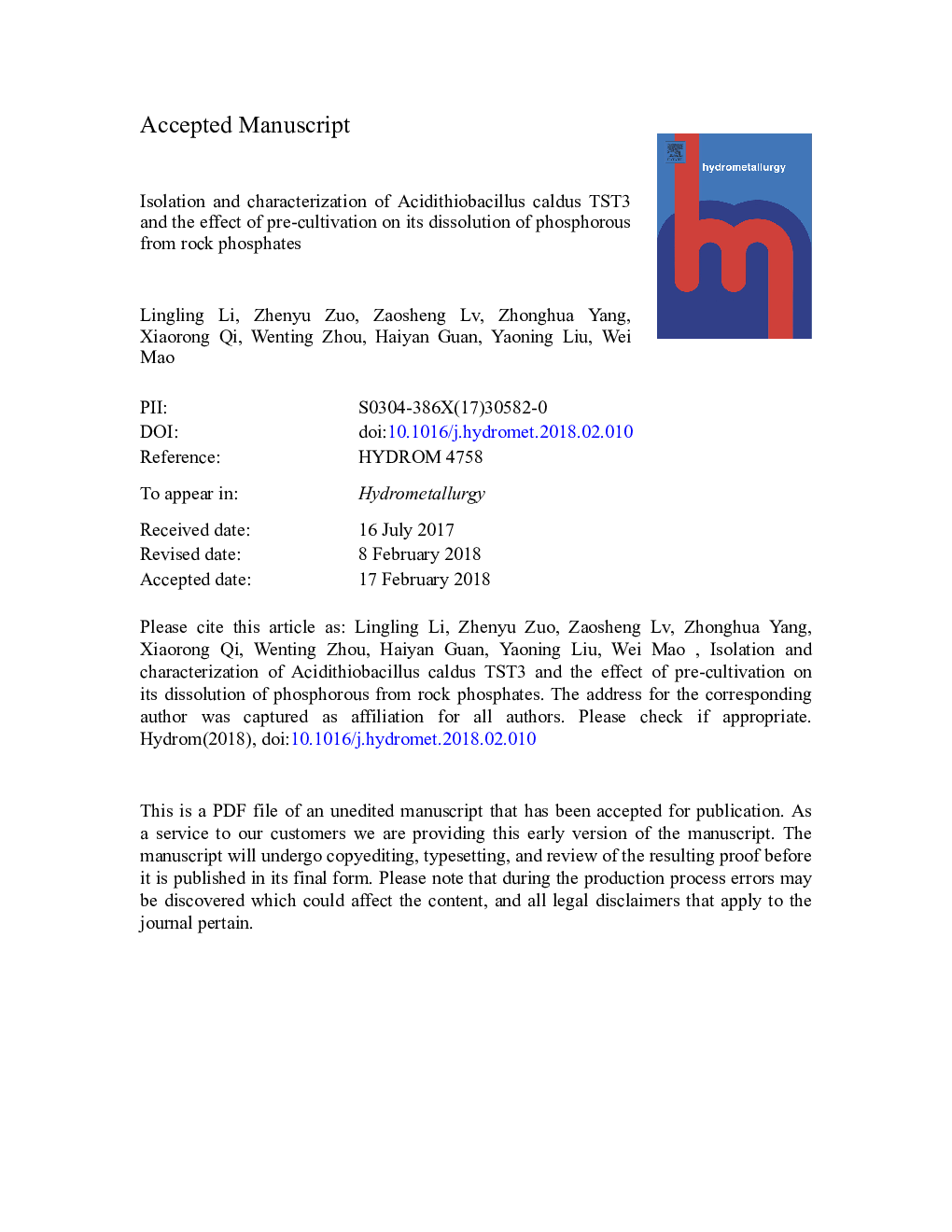 عکس صفحه اول مقاله: Isolation and characterization of Acidithiobacillus caldus TST3 and the effect of pre-cultivation on its dissolution of phosphorous from rock phosphates Isolation and characterization of Acidithiobacillus caldus TST3 and the effect of pre-cultivation on its dissolution of phosphorous from rock phosphates