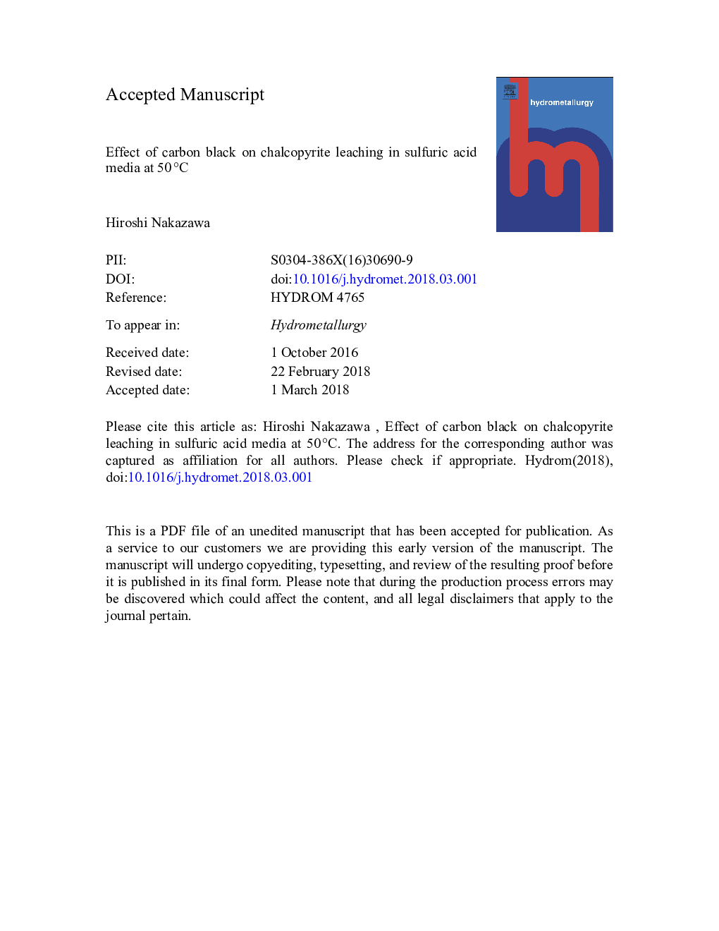 Effect of carbon black on chalcopyrite leaching in sulfuric acid media at 50â¯Â°C