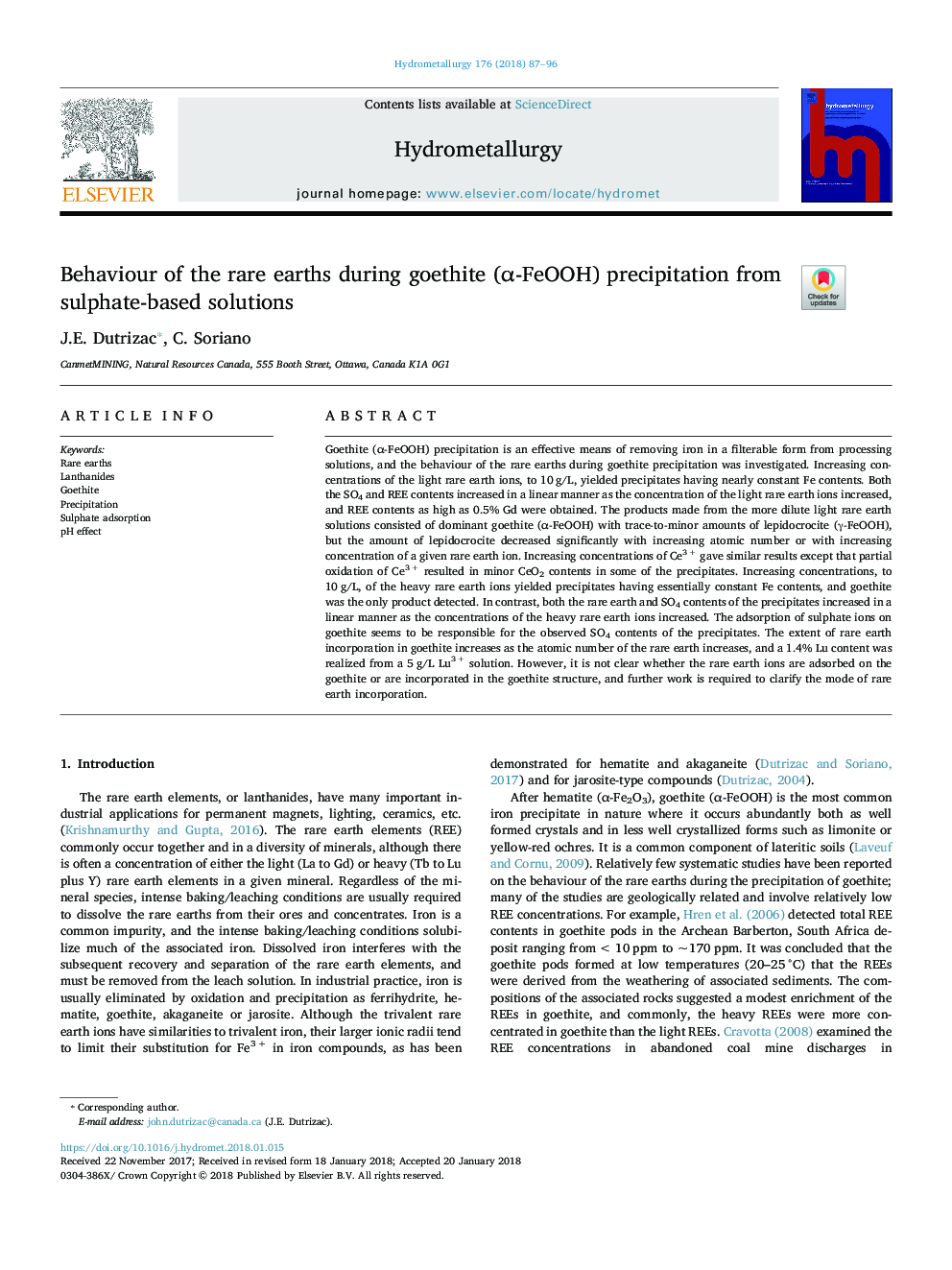 Behaviour of the rare earths during goethite (Î±-FeOOH) precipitation from sulphate-based solutions