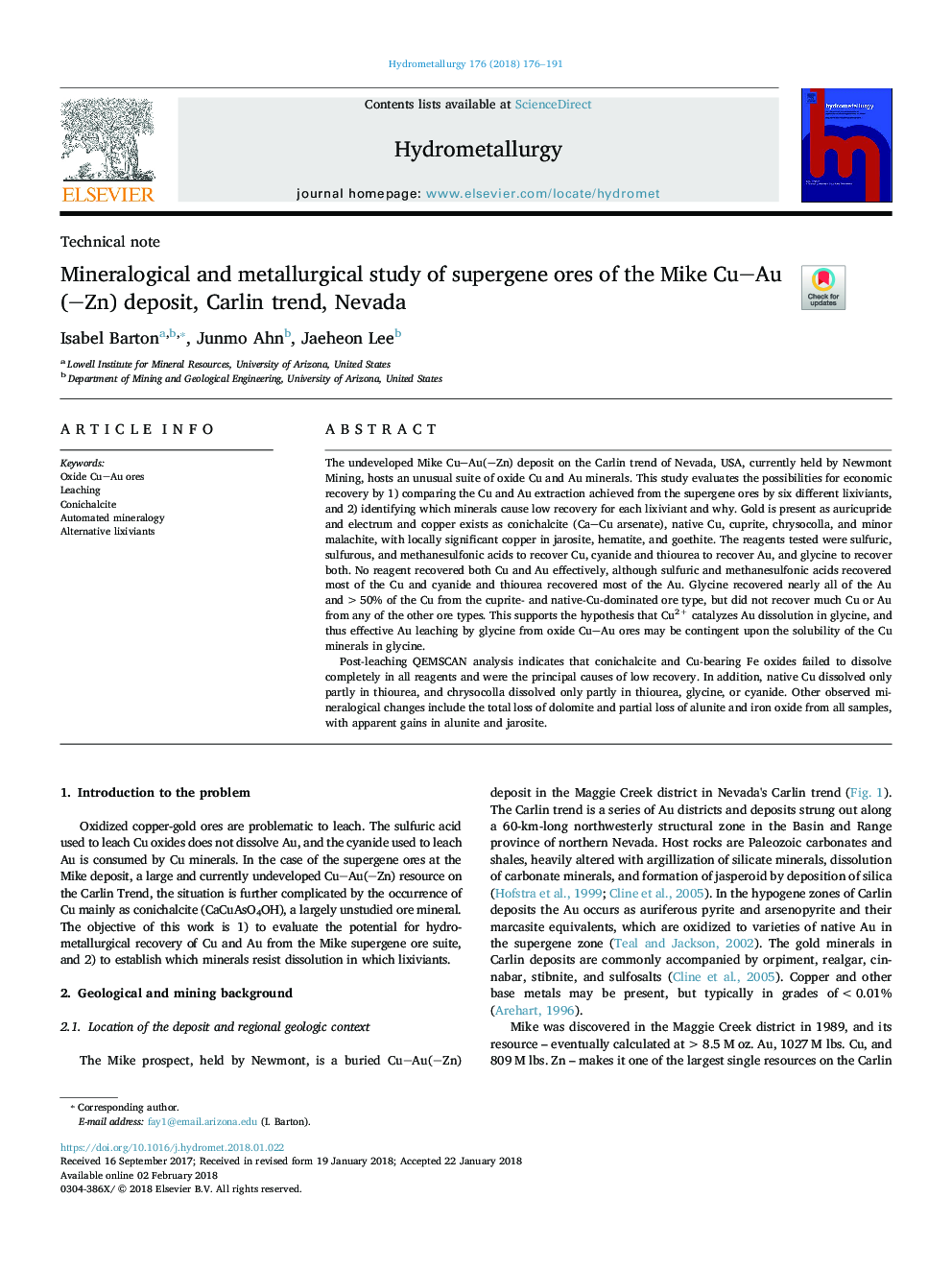 عکس صفحه اول مقاله: Mineralogical and metallurgical study of supergene ores of the Mike CuAu(Zn) deposit, Carlin trend, Nevada Mineralogical and metallurgical study of supergene ores of the Mike CuAu(Zn) deposit, Carlin trend, Nevada