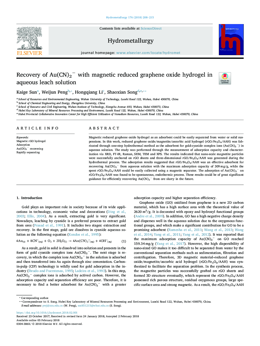 Recovery of Au(CN)2â with magnetic reduced graphene oxide hydrogel in aqueous leach solution