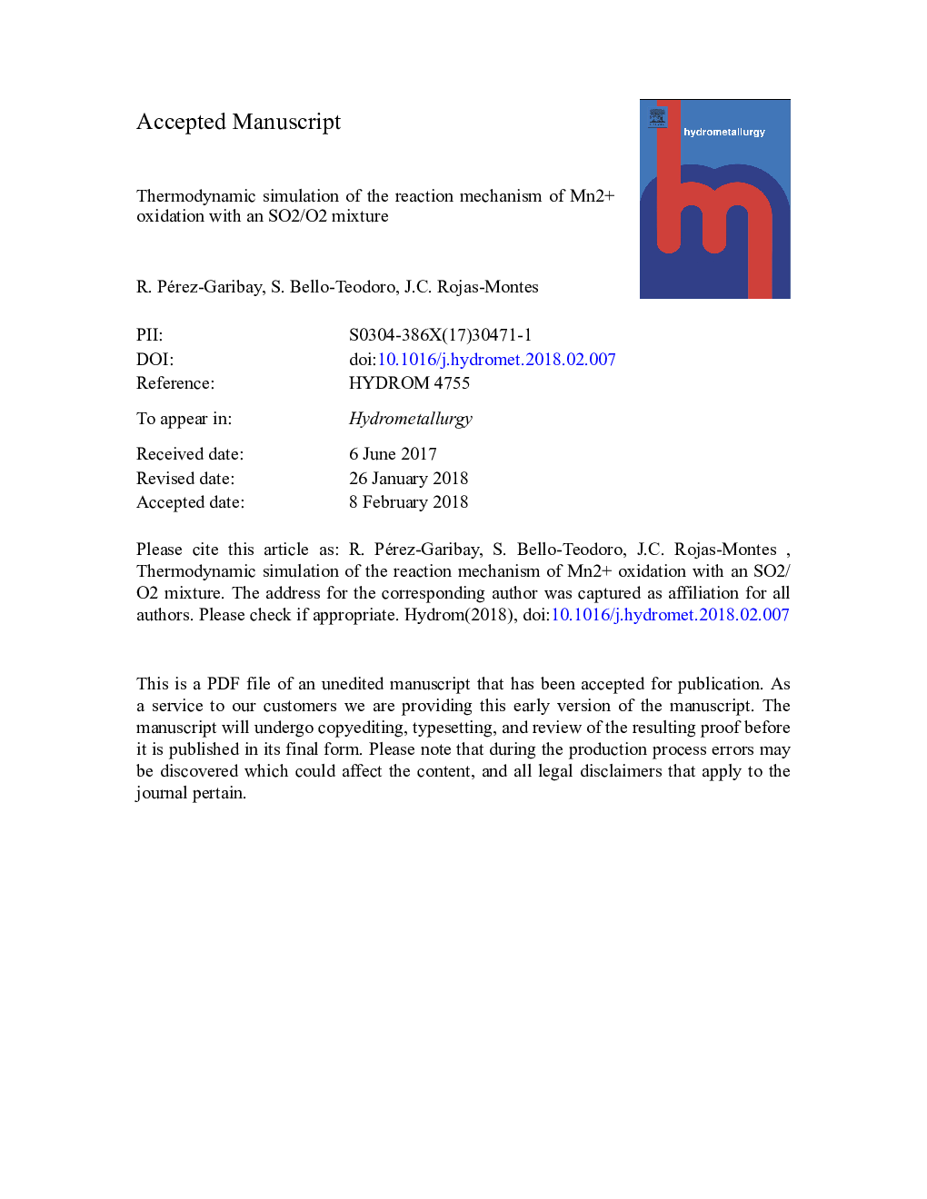 Thermodynamic simulation of the reaction mechanism of Mn2+ oxidation with an SO2/O2 mixture