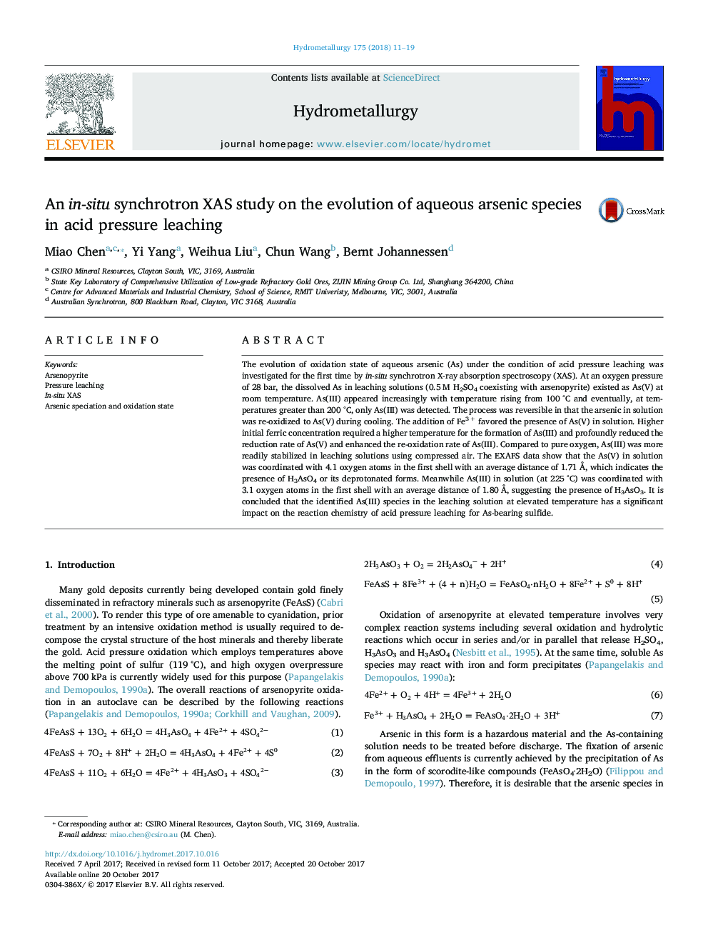 An in-situ synchrotron XAS study on the evolution of aqueous arsenic species in acid pressure leaching