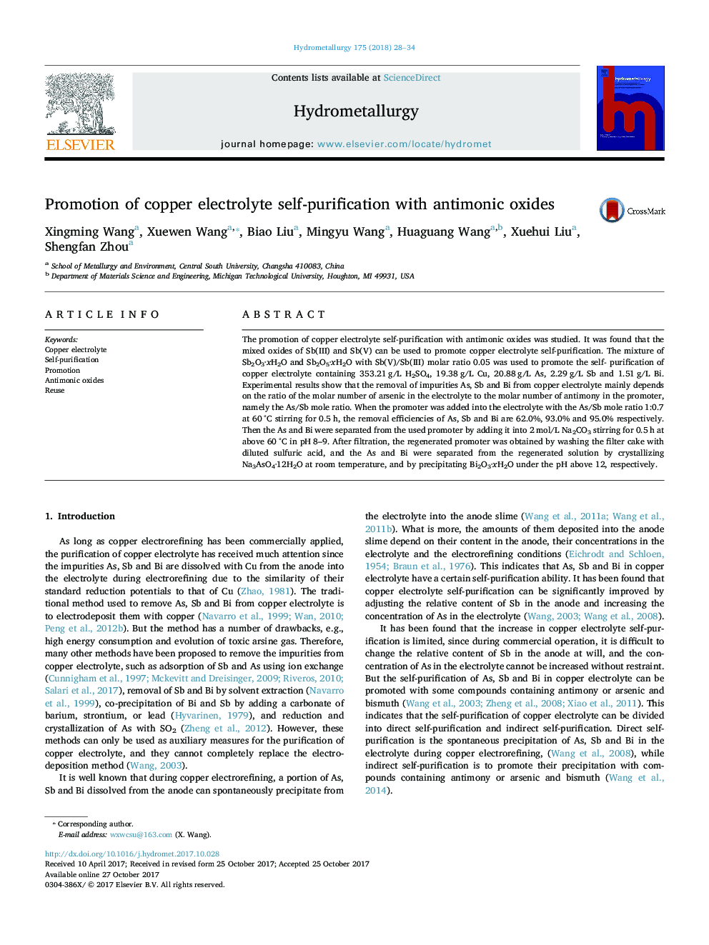 Promotion of copper electrolyte self-purification with antimonic oxides