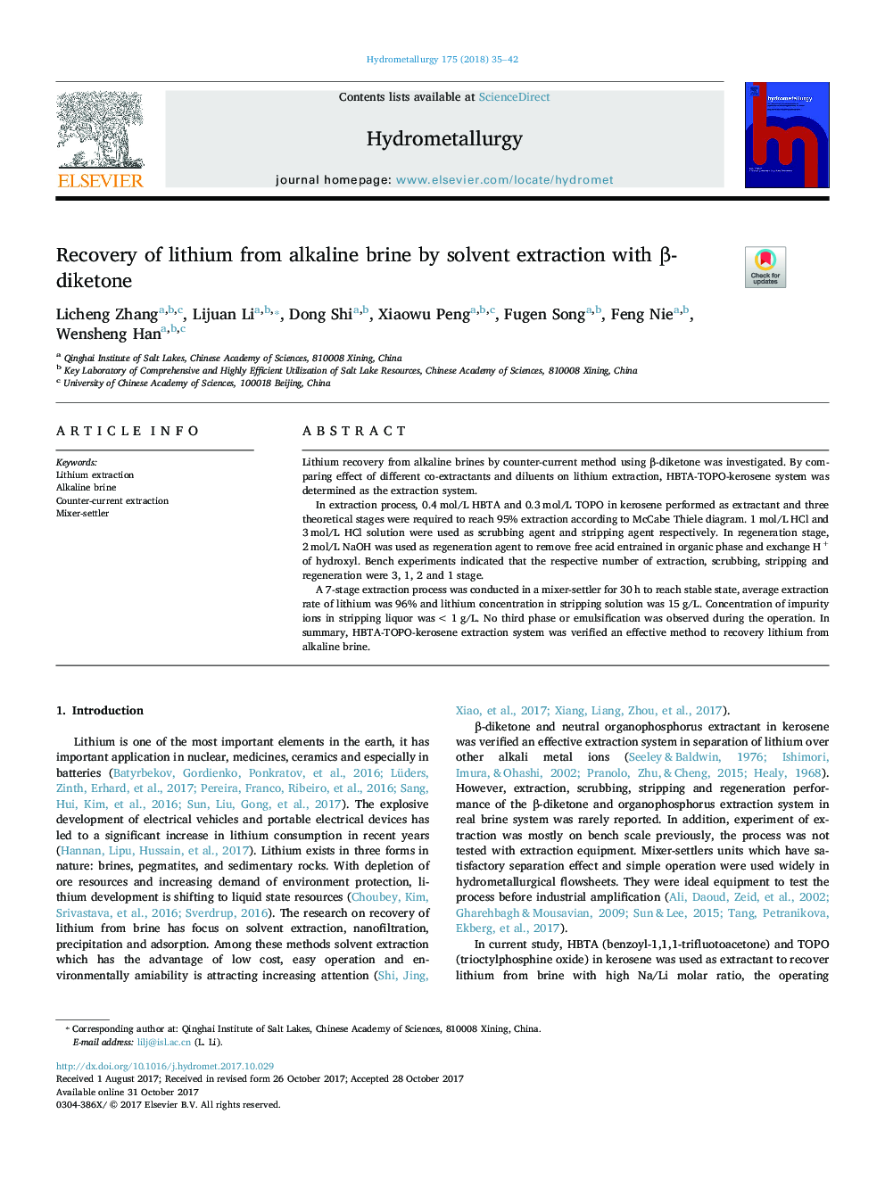 Recovery of lithium from alkaline brine by solvent extraction with Î²-diketone