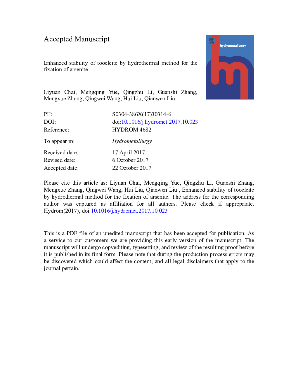 Enhanced stability of tooeleite by hydrothermal method for the fixation of arsenite