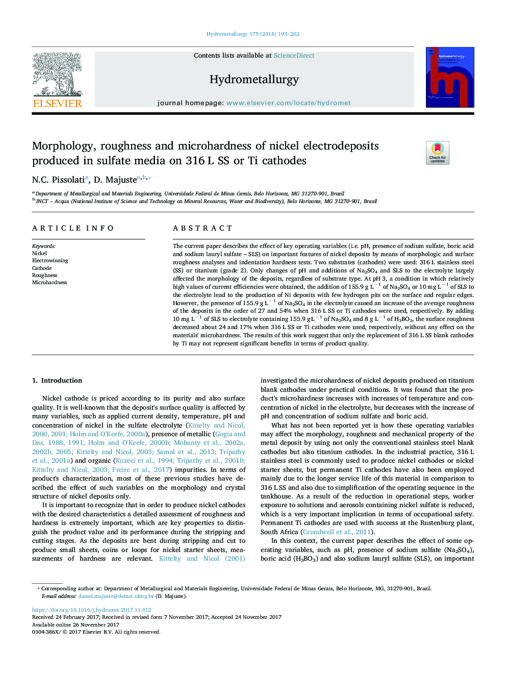 Morphology, roughness and microhardness of nickel electrodeposits produced in sulfate media on 316Â L SS or Ti cathodes