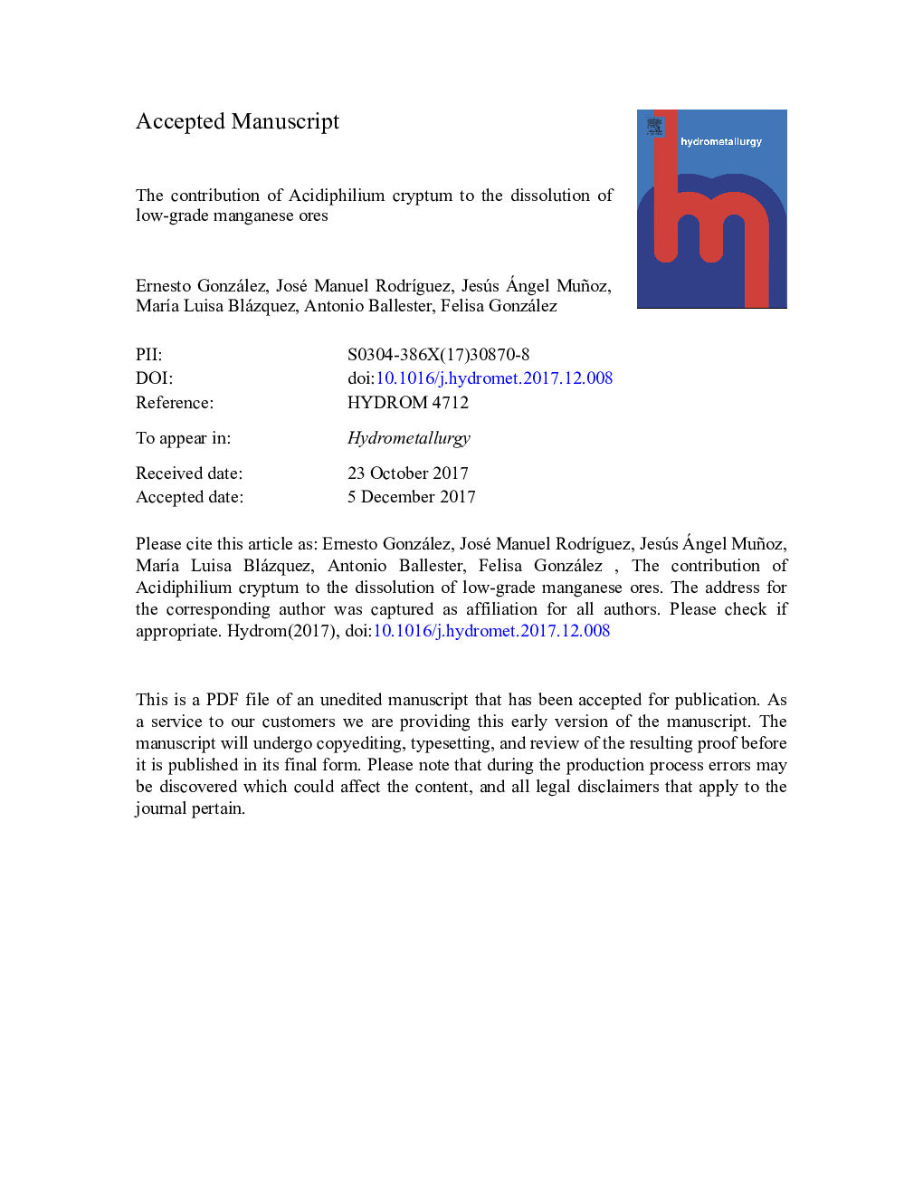 The contribution of Acidiphilium cryptum to the dissolution of low-grade manganese ores