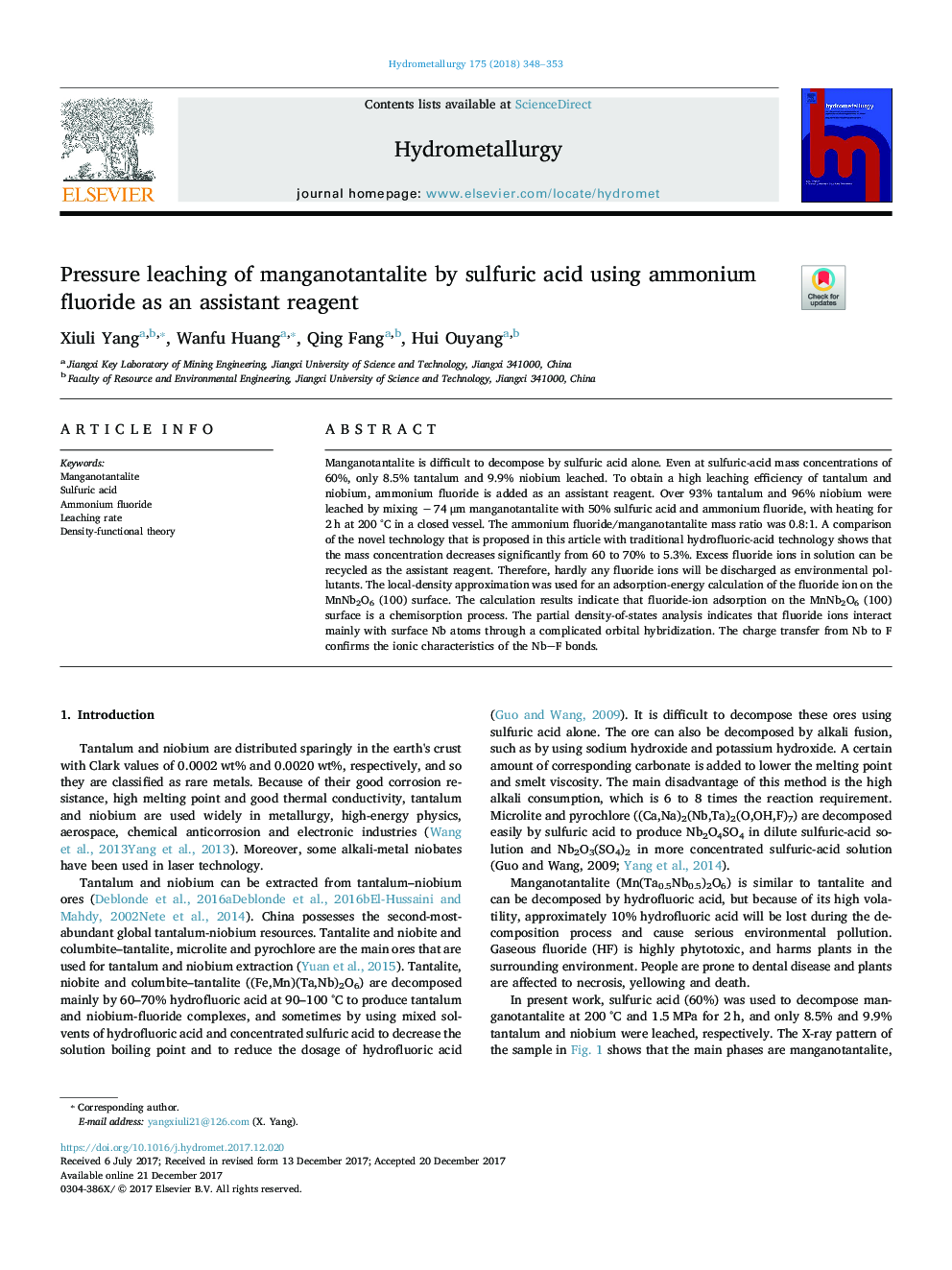 Pressure leaching of manganotantalite by sulfuric acid using ammonium fluoride as an assistant reagent