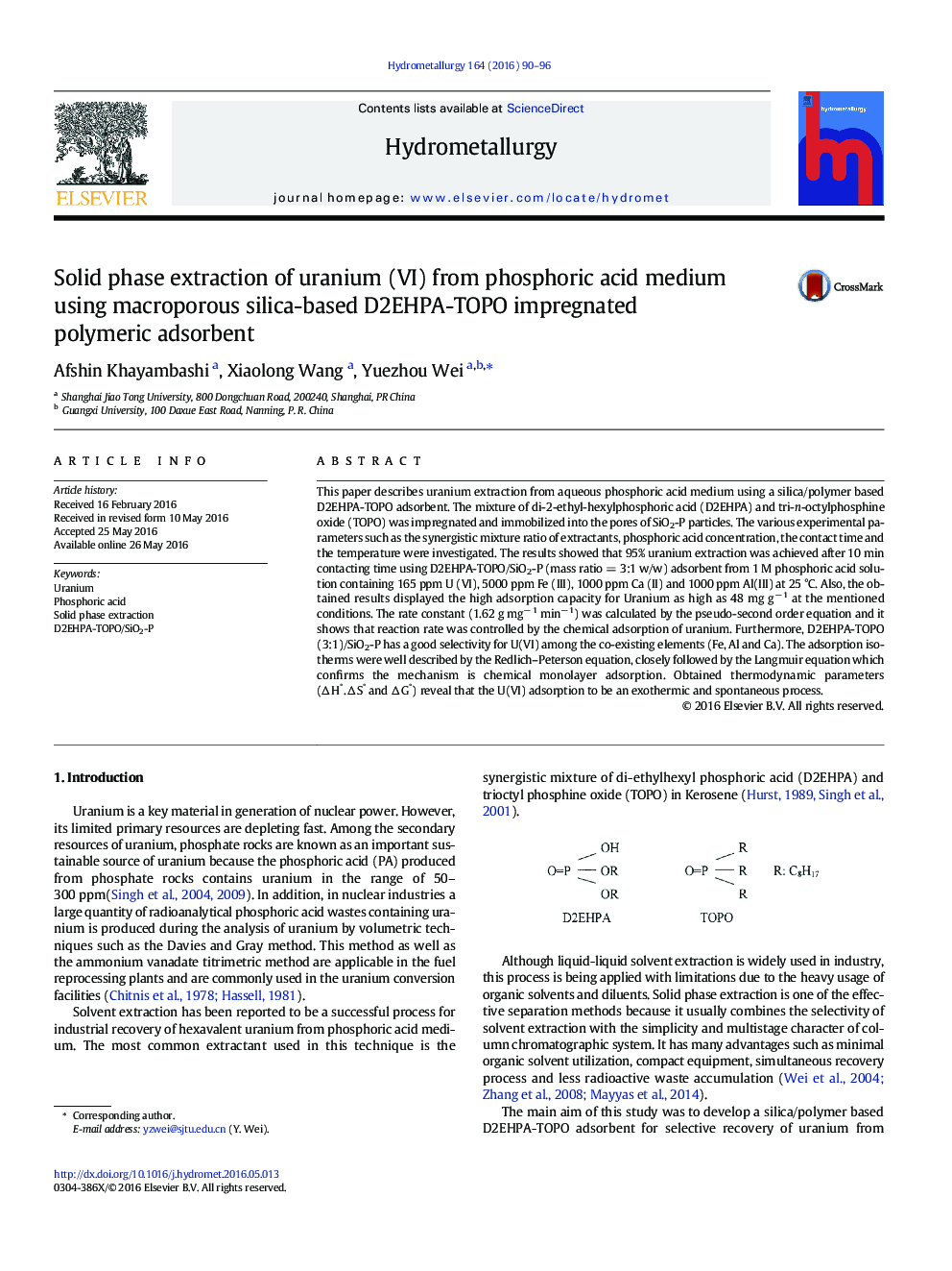 Solid phase extraction of uranium (VI) from phosphoric acid medium using macroporous silica-based D2EHPA-TOPO impregnated polymeric adsorbent