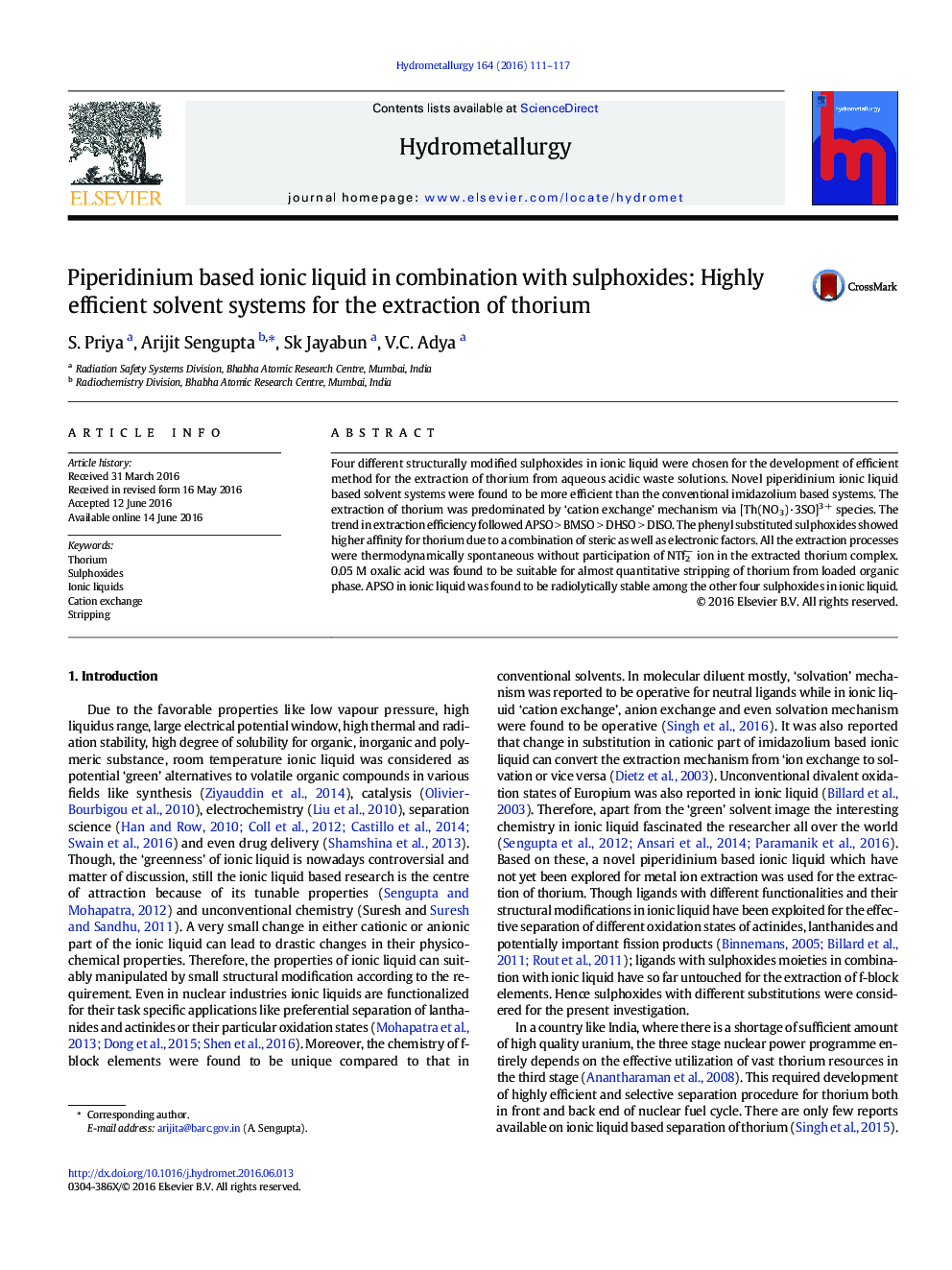 Piperidinium based ionic liquid in combination with sulphoxides: Highly efficient solvent systems for the extraction of thorium