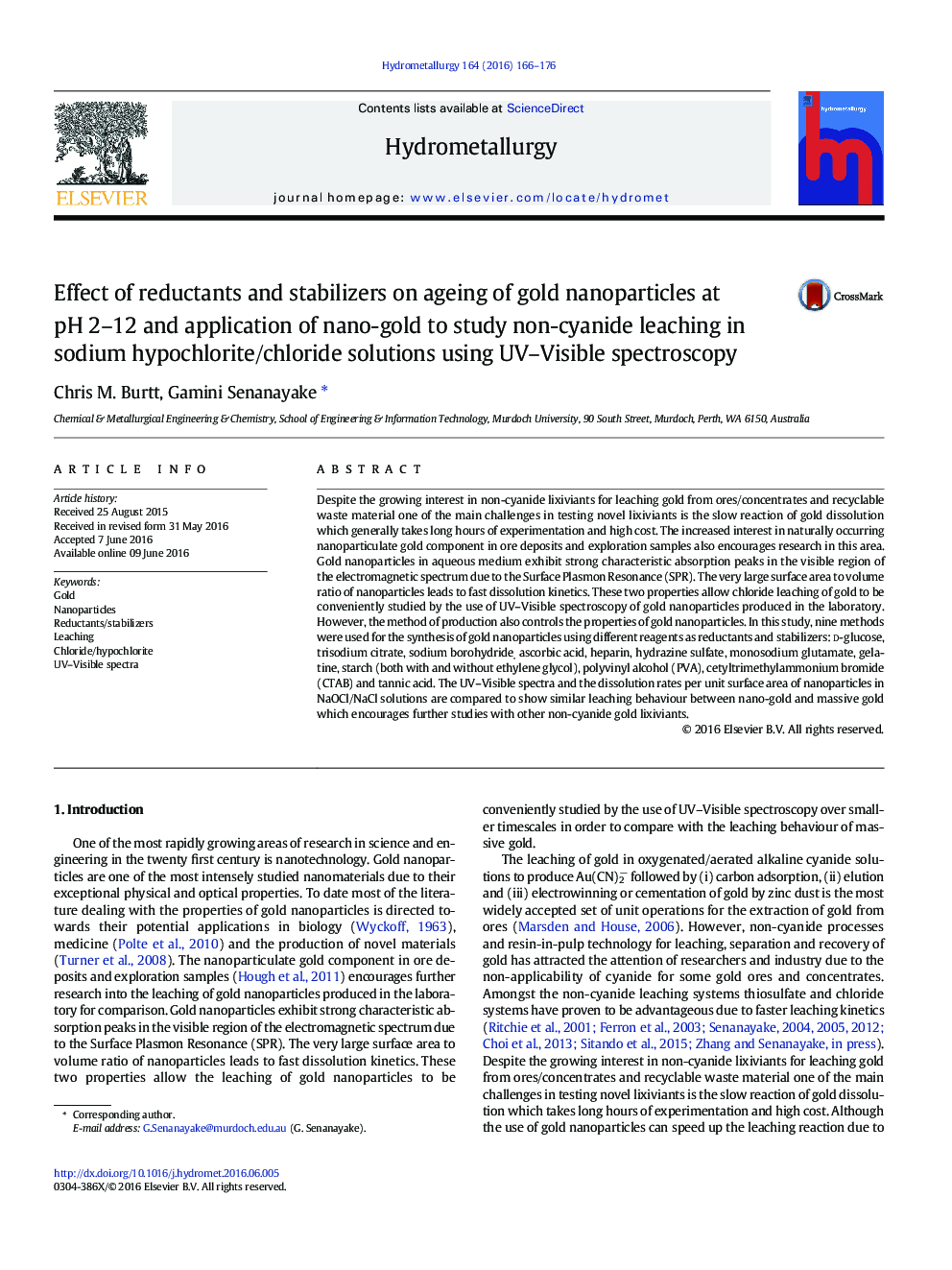 Effect of reductants and stabilizers on ageing of gold nanoparticles at pHÂ 2-12 and application of nano-gold to study non-cyanide leaching in sodium hypochlorite/chloride solutions using UV-Visible spectroscopy