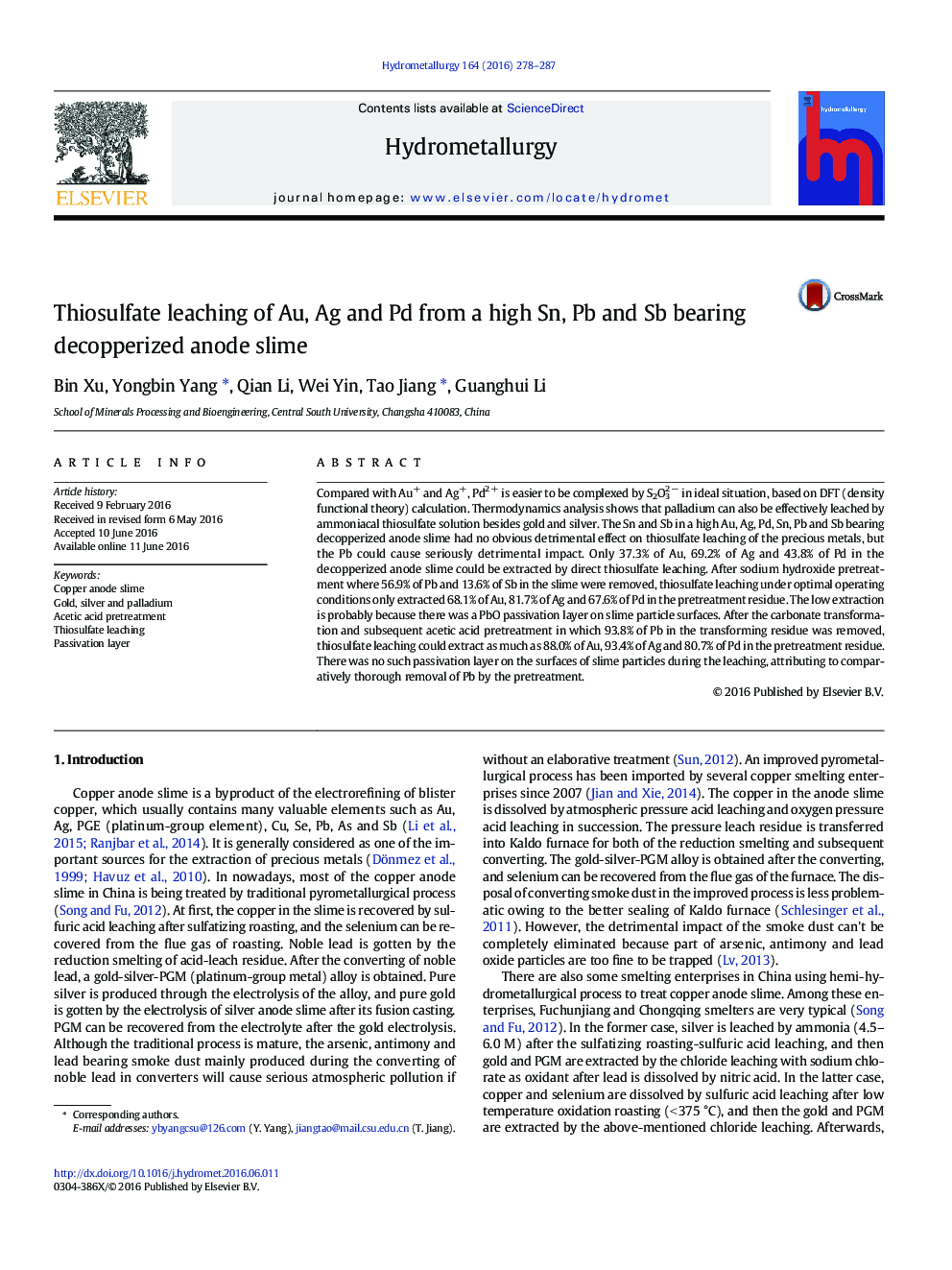 Thiosulfate leaching of Au, Ag and Pd from a high Sn, Pb and Sb bearing decopperized anode slime